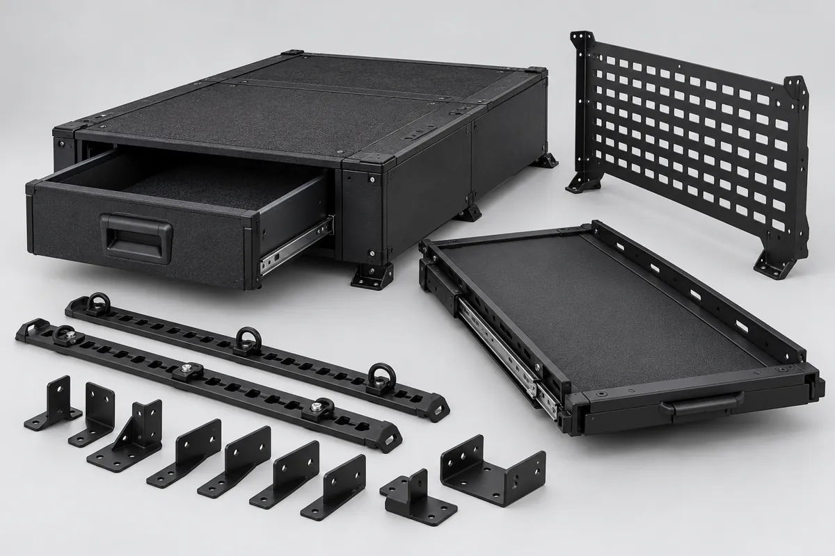 Illustrative truck bed drawer, MOLLE panel, cargo slide, tie-down rails and mounting brackets