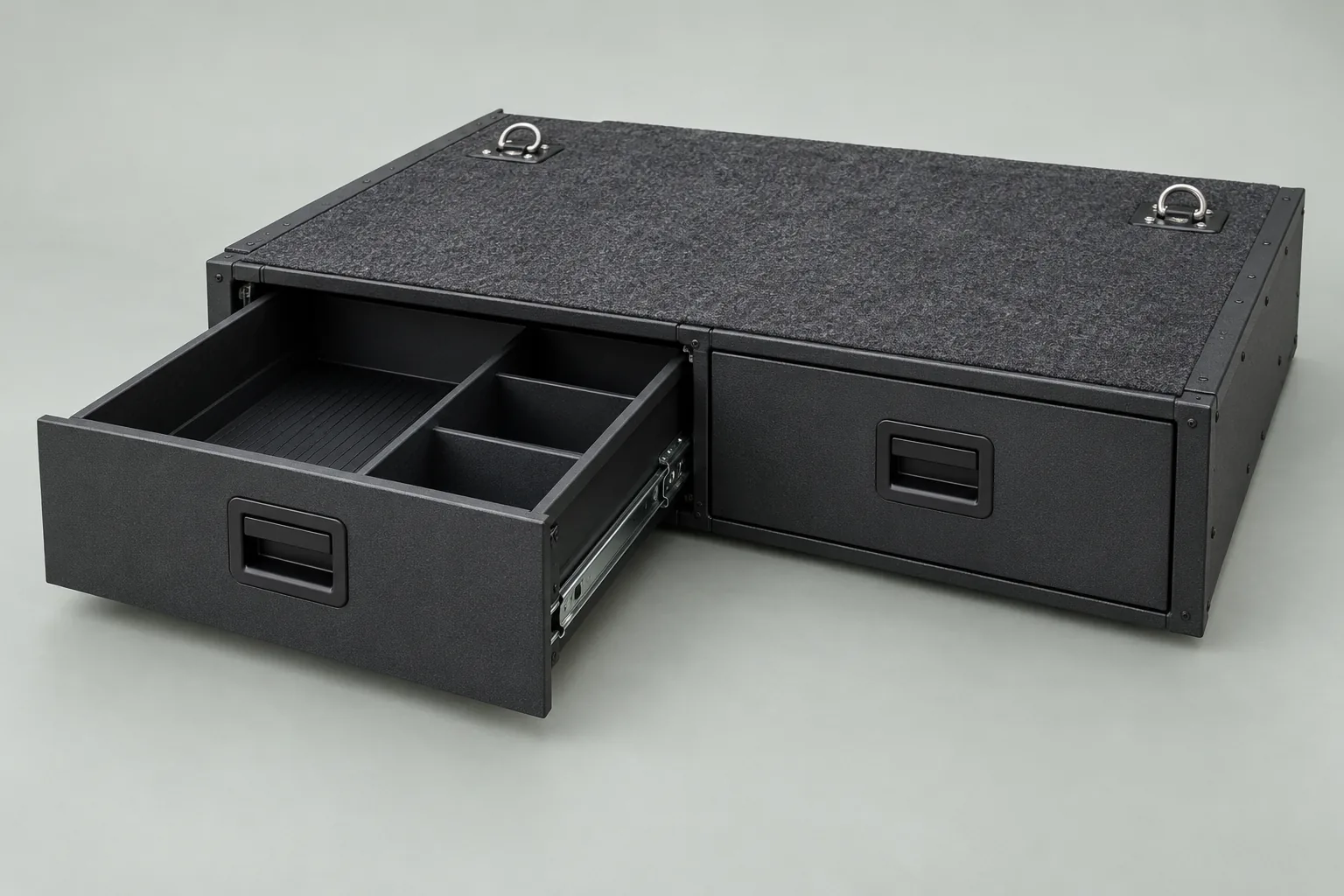 Dual-drawer cargo storage module with an open compartmented drawer