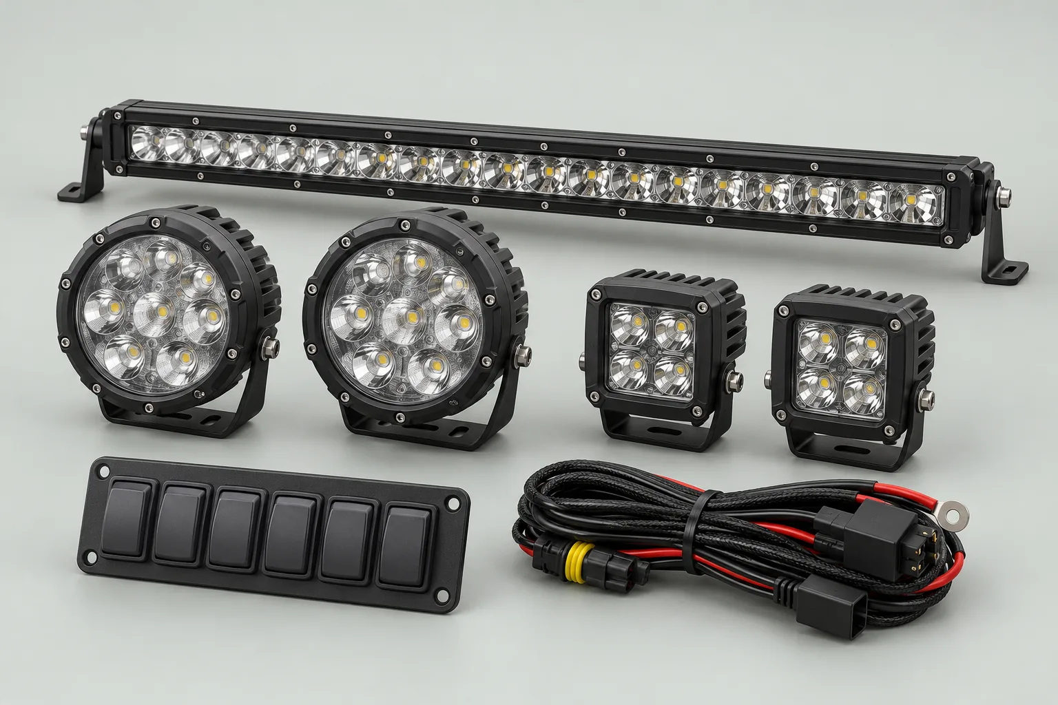 Illustrative auxiliary off-road lights, mounting brackets and wiring