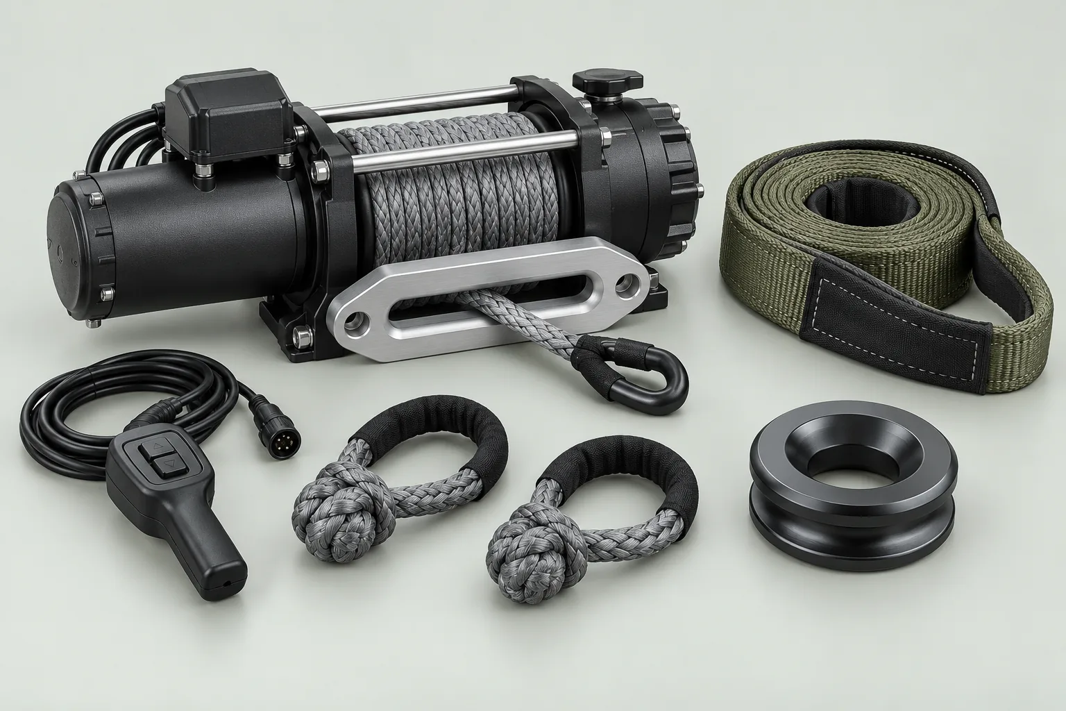 Electric recovery winch, synthetic rope, fairlead, strap and shackles