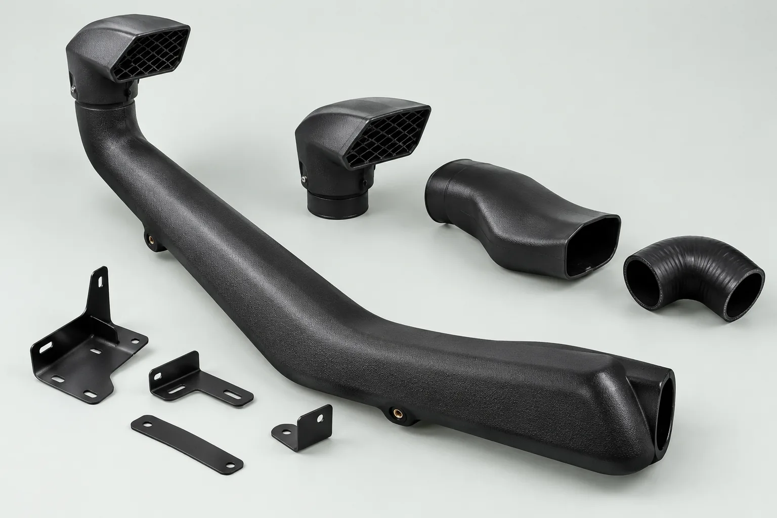 Raised snorkel intake, intake head, molded duct and mounting brackets