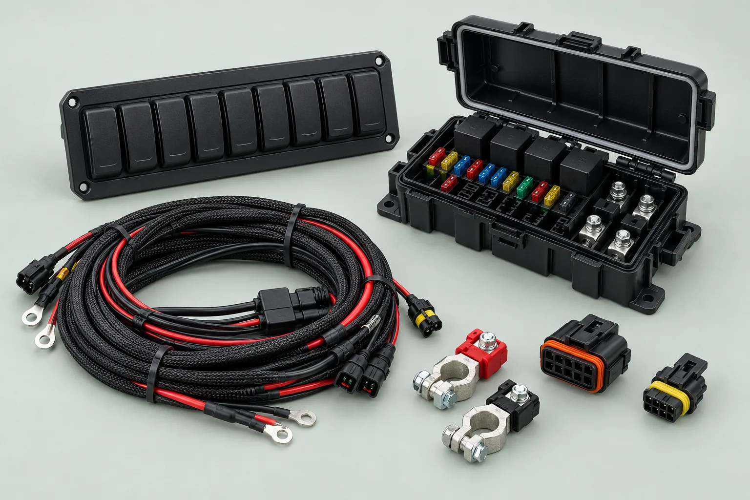 Blank auxiliary switch panel, fuse and relay box, wiring loom and connectors